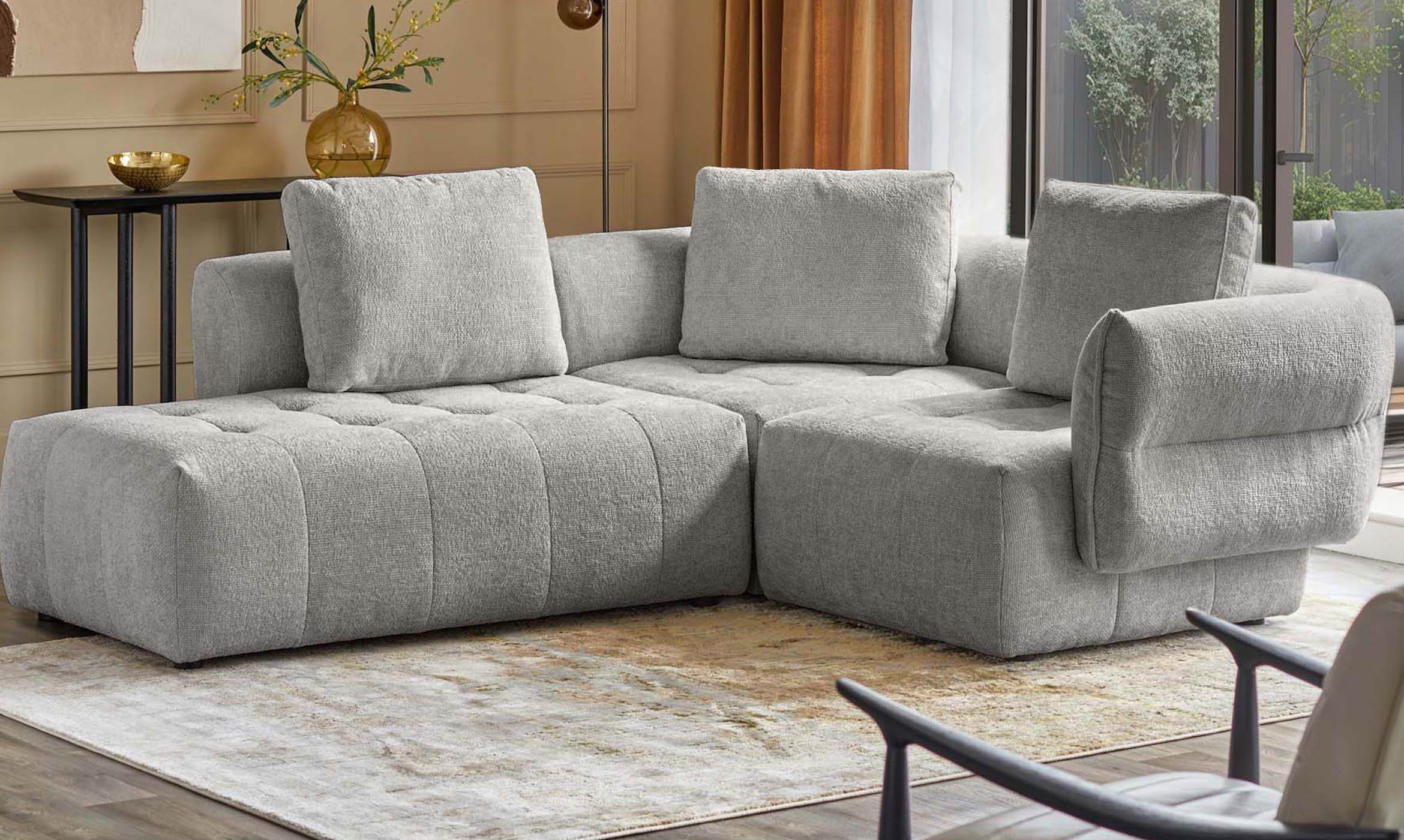 Lillian light grey fabric left hand small corner chaise sofa