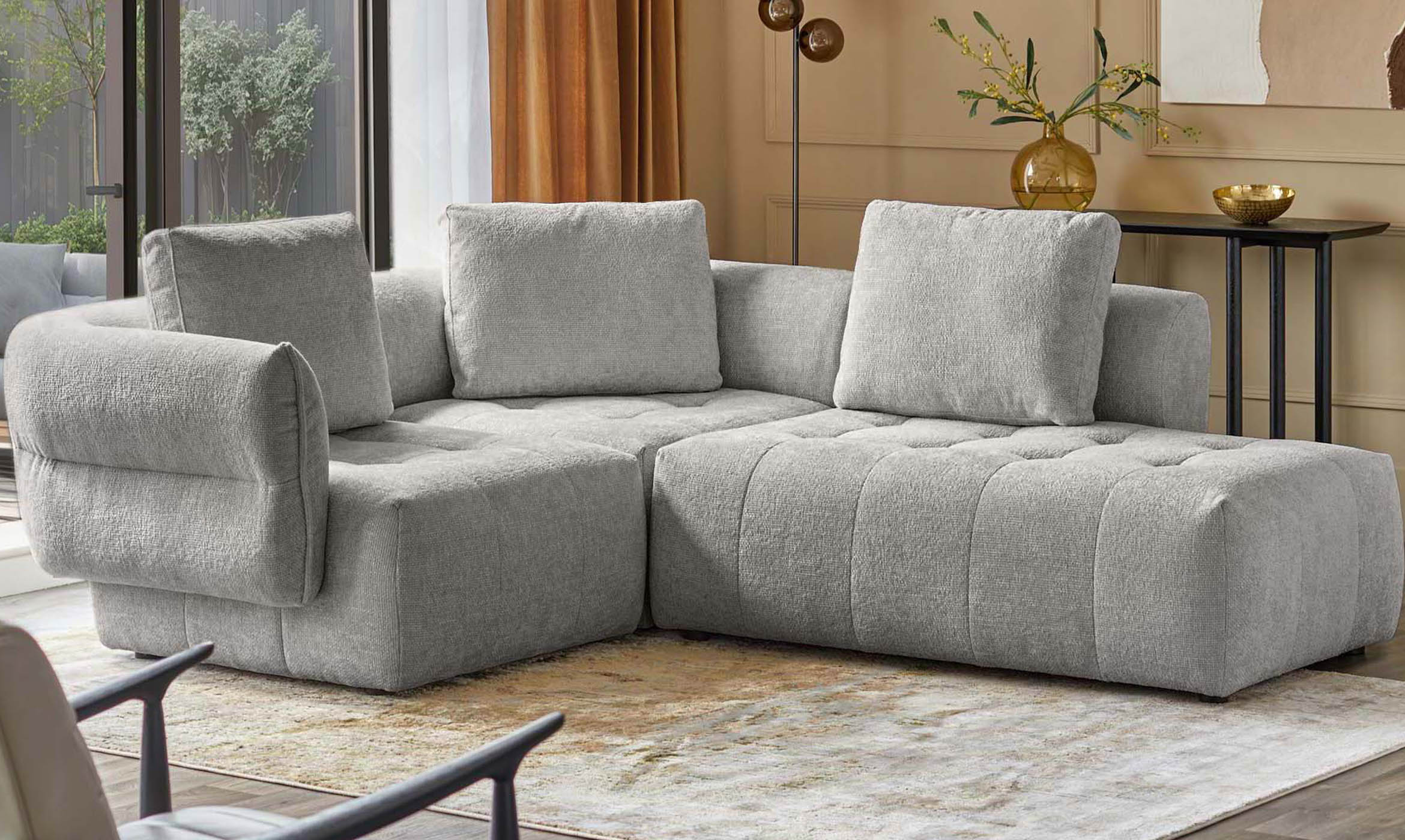 Lillian light grey fabric right hand small corner chaise sofa
