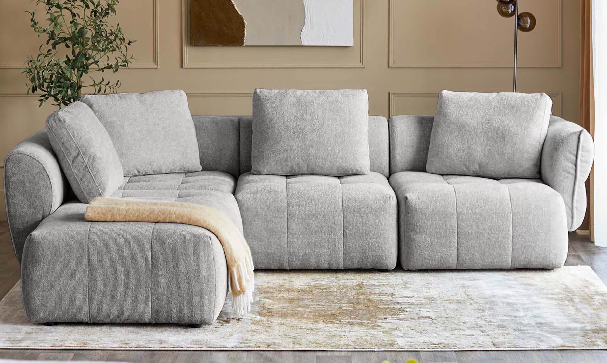 Lillian light grey fabric left hand large corner chaise sofa