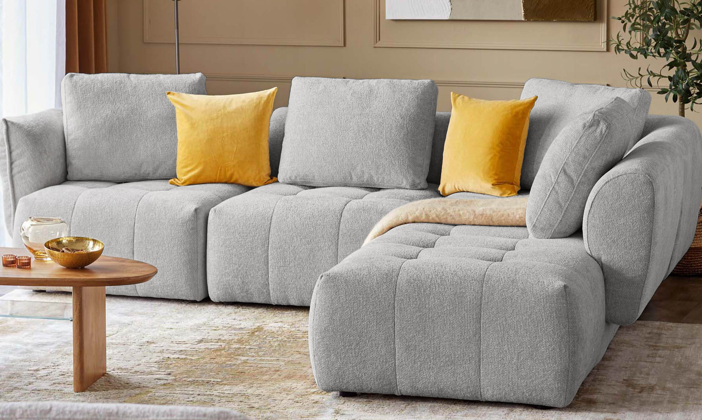 Lillian light grey fabric right hand large corner chaise sofa