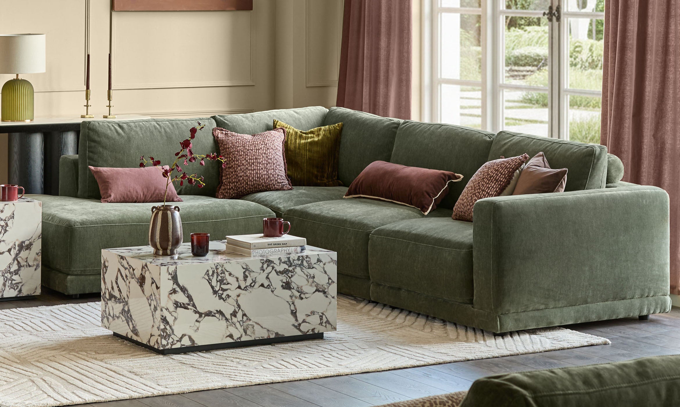 Eden dark green chenille left hand large corner chaise sofa