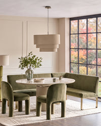 Austin Natural ceramic 4-6 seater extending dining table with Mason olive green velvet dining chairs & right corner brass leg dining bench set