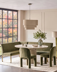Austin Natural ceramic 4-6 seater extending dining table with Mason olive green velvet dining chairs & left corner brass leg dining bench set