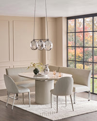 Austin Natural ceramic 4-6 seater extending dining table with Saylor light grey faux leather dining chairs & right corner chrome leg dining bench set