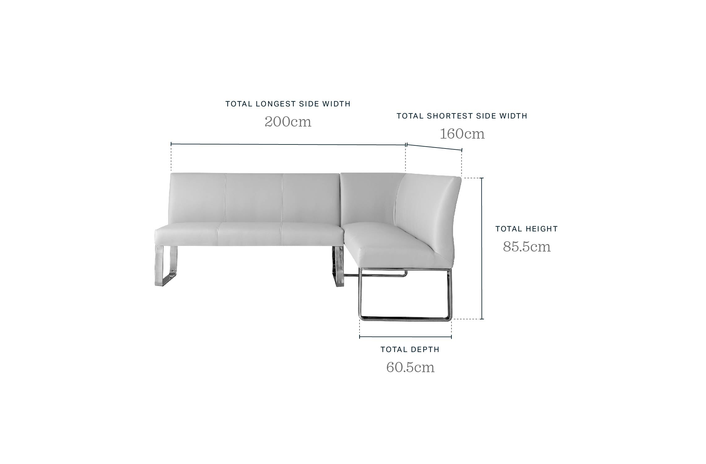 Loop mid grey faux leather left hand corner 5 seater chrome leg dining bench