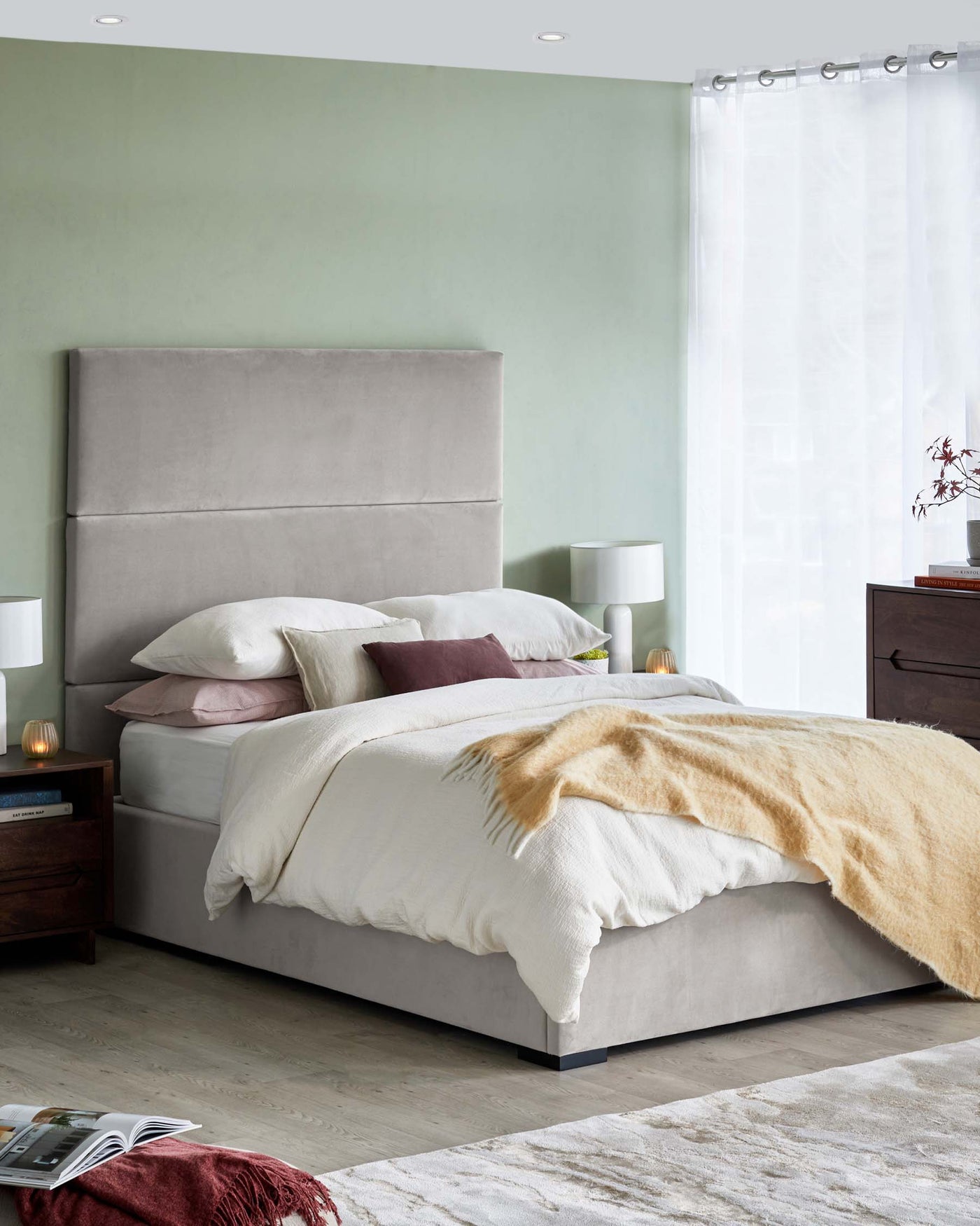Penelope light grey recycled velvet king size ottoman bed with 3 panel headboard