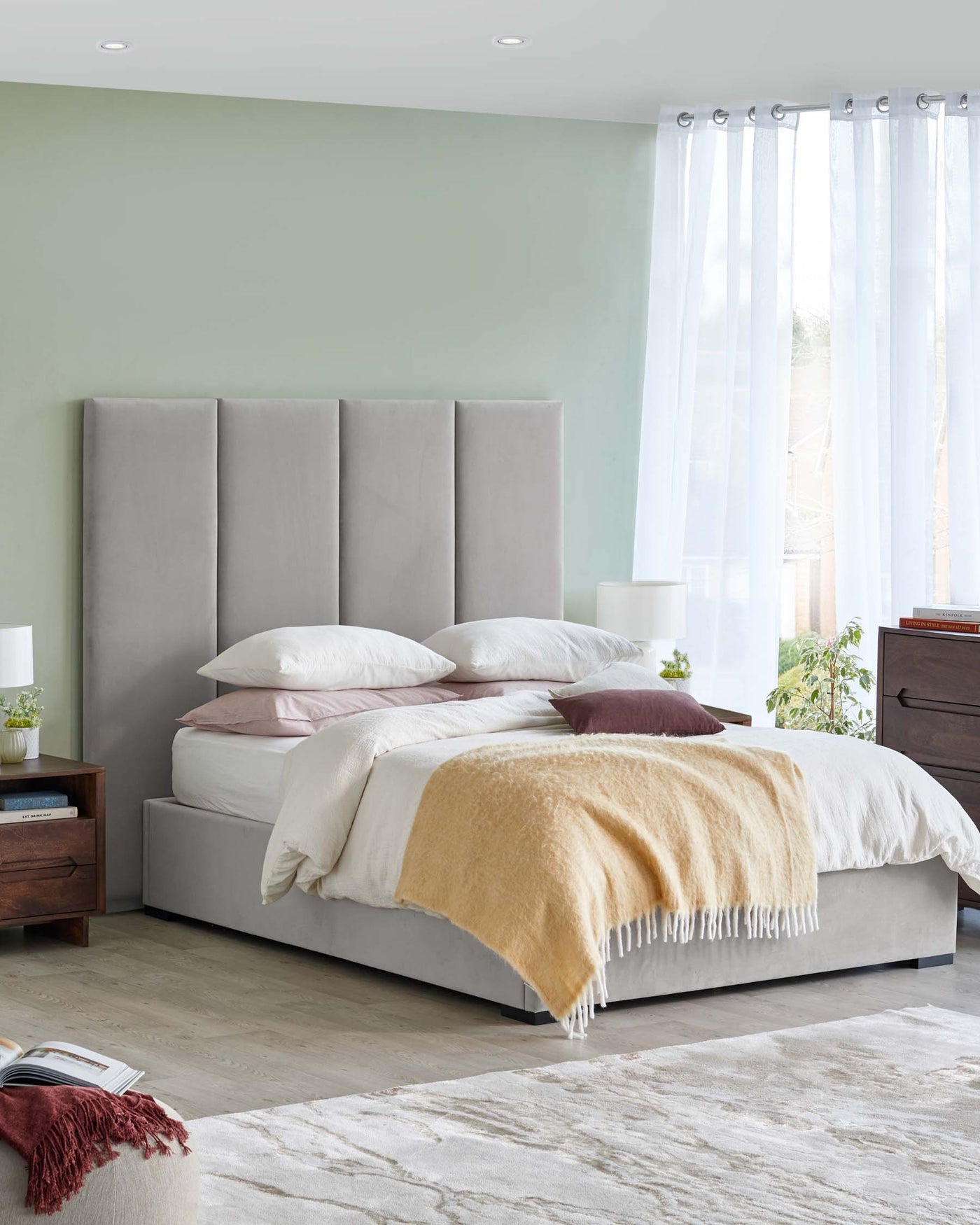 Penelope light grey recycled velvet king size ottoman bed with 4 panel headboard