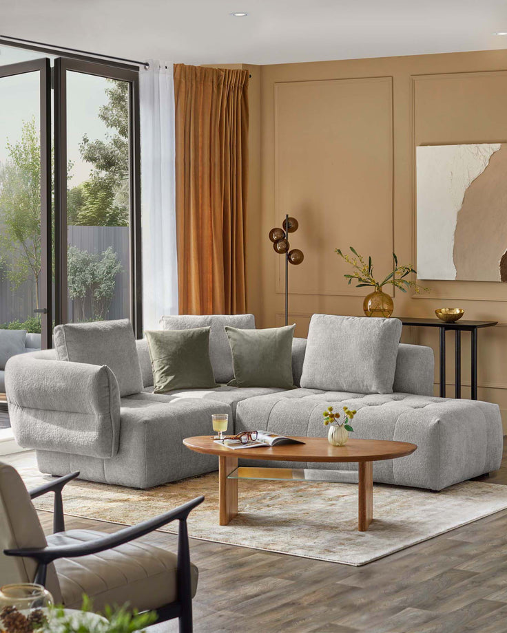 Lillian right small corner sofa in light grey weave, displayed in a modern living room setting with wooden coffee table.