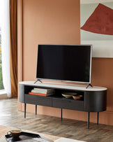 A stylish TV stand in black wood with a marble top and retro design. Perfect for a modern living room.