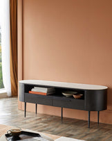 A stylish black TV unit with marble top and sleek design, perfect for the modern living room.