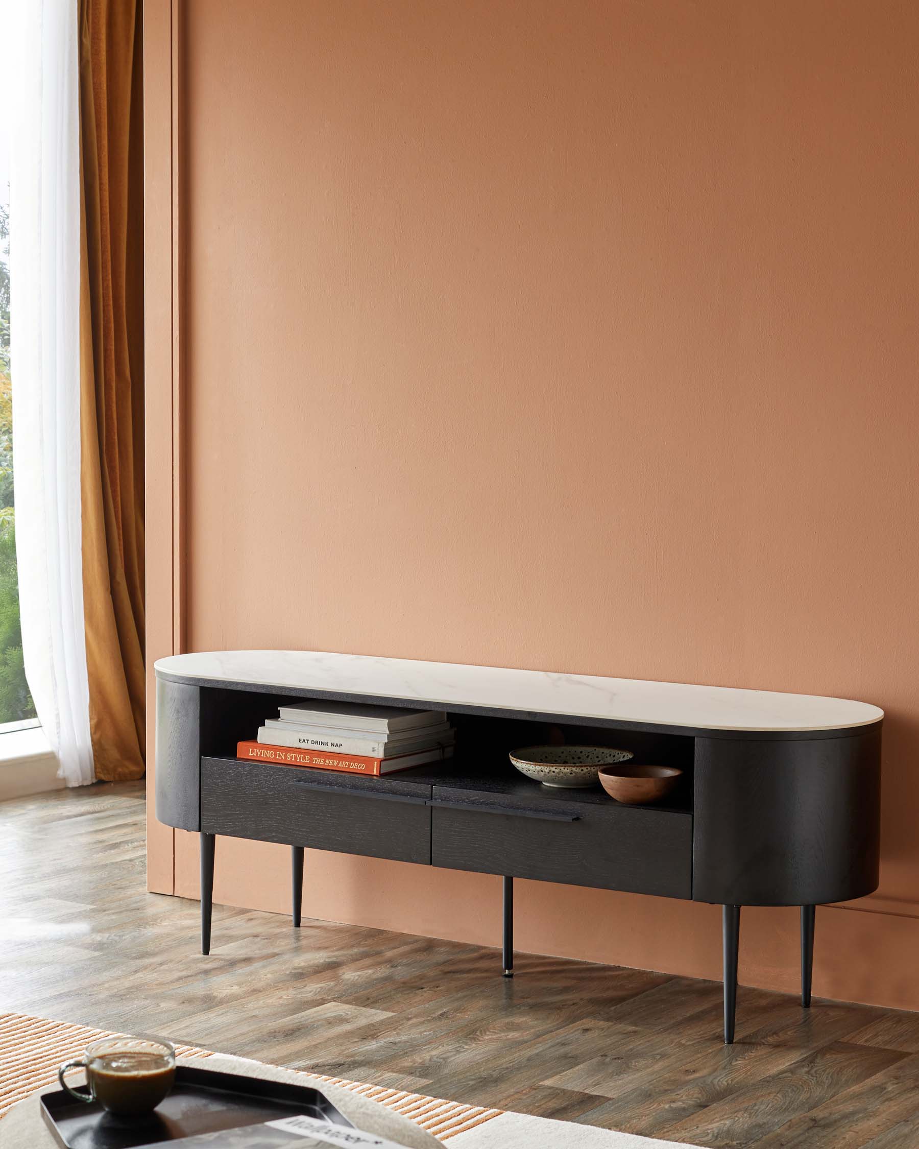 A stylish black TV unit with marble top and sleek design, perfect for the modern living room.