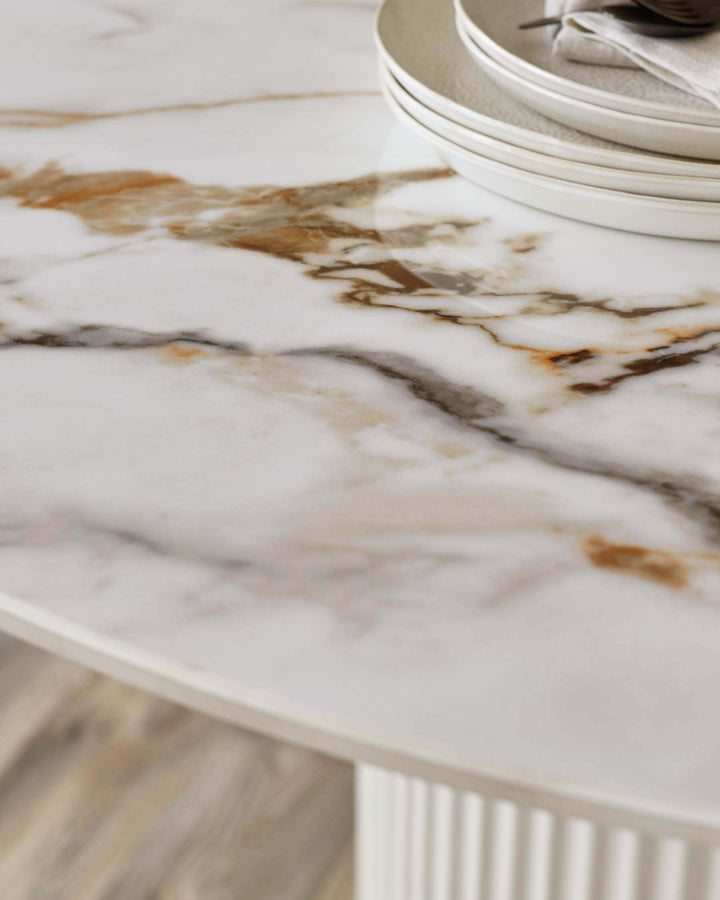 Austin 6-seater dining table in natural ceramic with marble-effect finish and veining detail