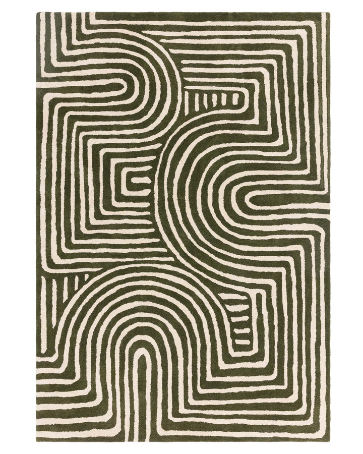 Green and cream rug with curved and angular patterns creates a contemporary design.