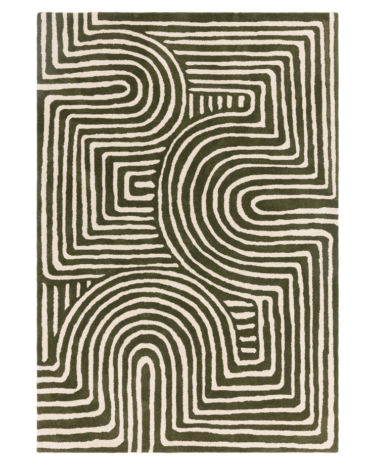 Green and cream rug with curved and angular patterns creates a contemporary design.