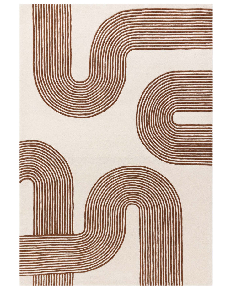 Cream rug with retro brown curved line pattern. Perfect for adding a touch of mid-century modern to any room.