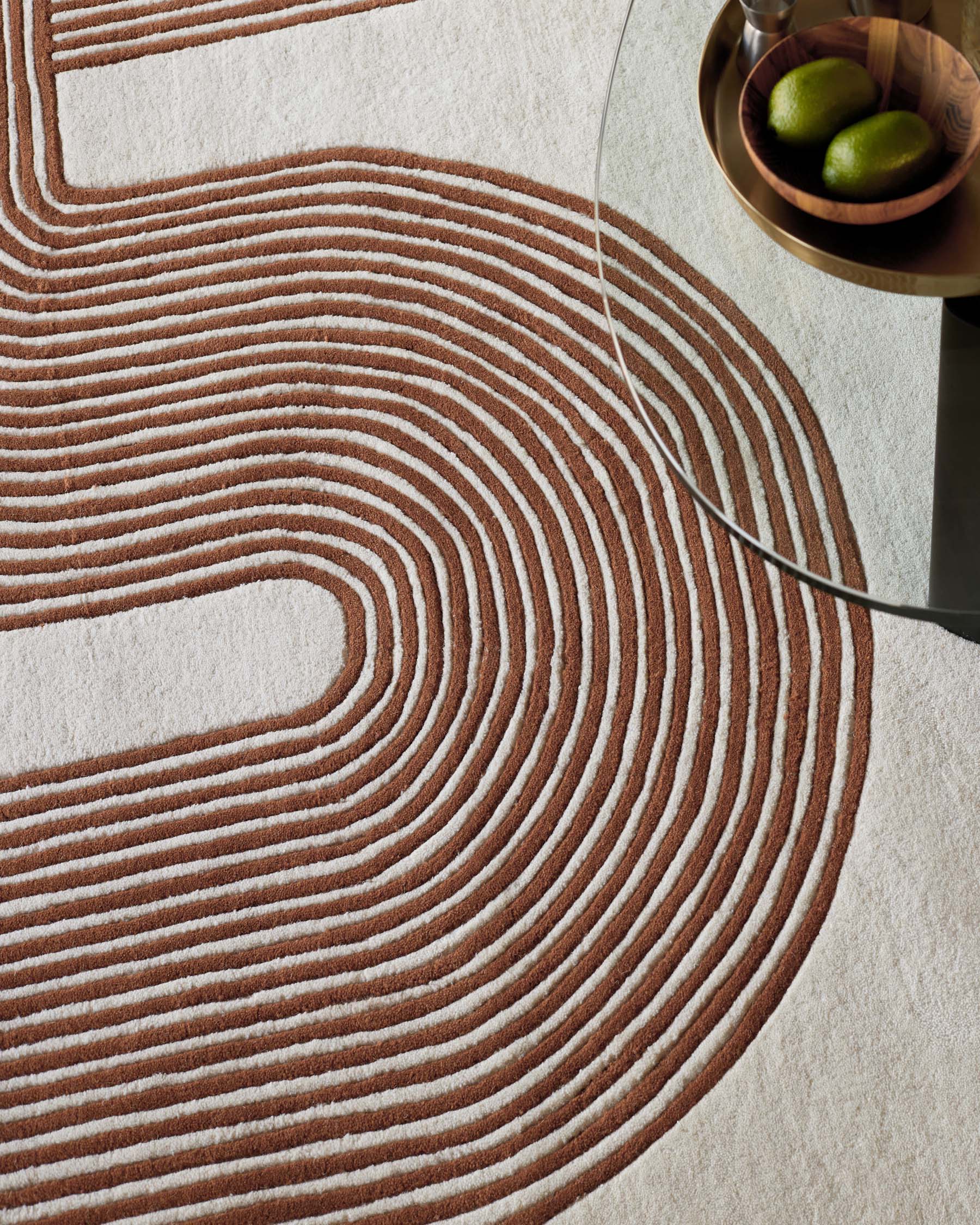 Abstract Lines Large Sculpted Wool Rug Rust and Cream – Danetti