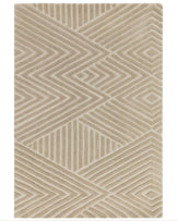 Neutral-toned rug featuring a geometric pattern of diamonds and stripes, adding texture to any room.