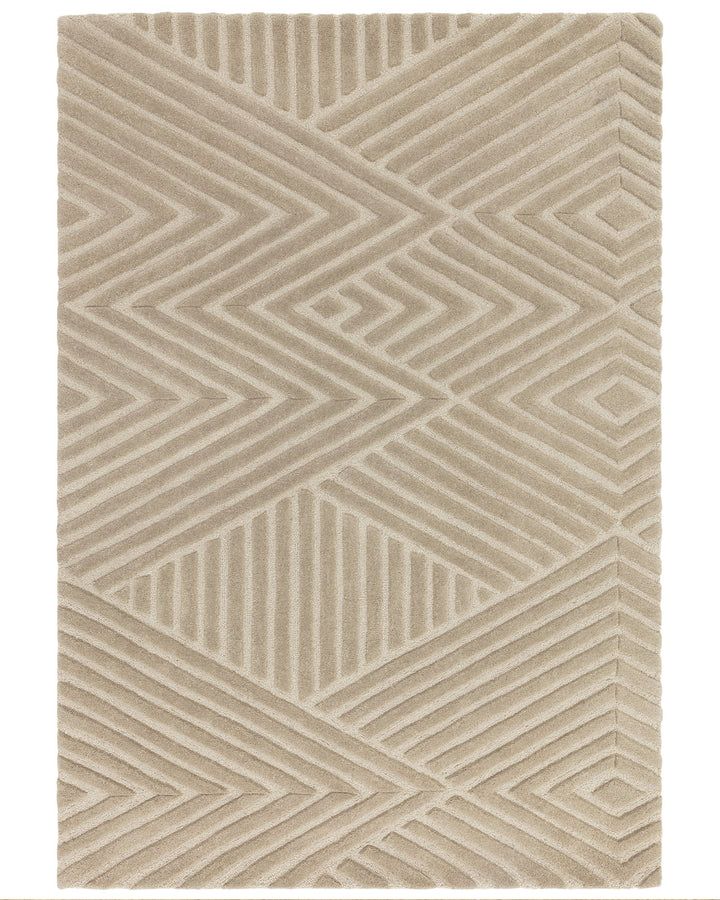 Neutral-toned rug featuring a geometric pattern of diamonds and stripes, adding texture to any room.