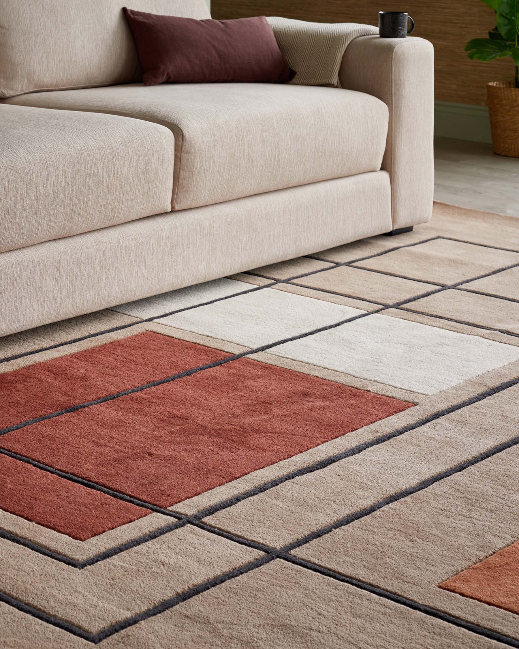 Abstract Squares Medium Sculpted Wool Rug Deep Red – Danetti