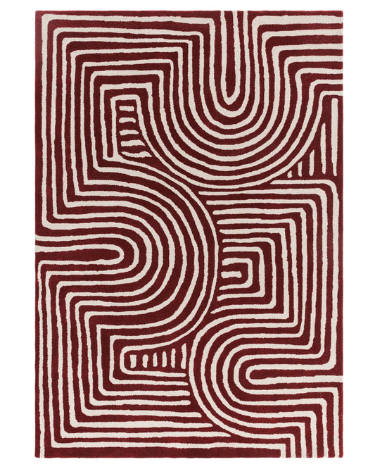 Contemporary red and cream rug with a striking geometric pattern, adding a bold statement to any interior space.