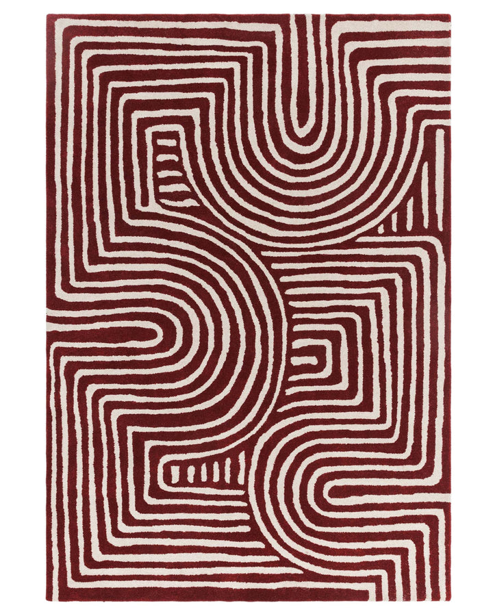 Contemporary red and cream rug with a striking geometric pattern, adding a bold statement to any interior space.