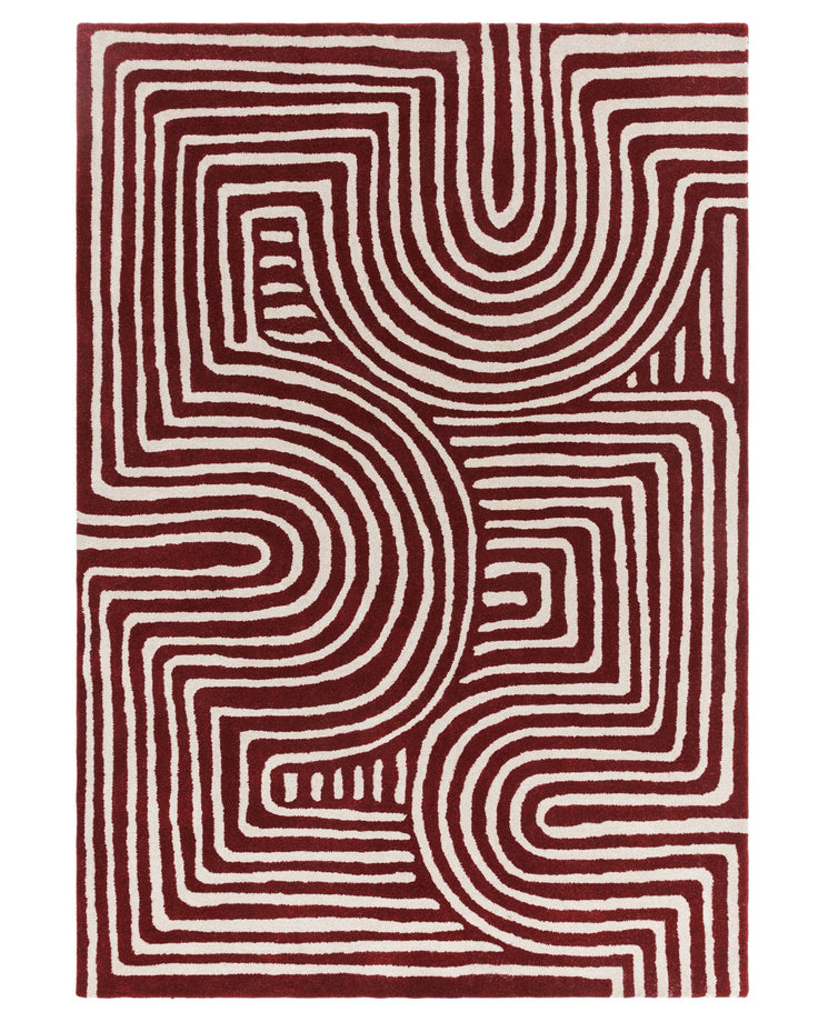 Contemporary red and cream rug with a striking geometric pattern, adding a bold statement to any interior space.