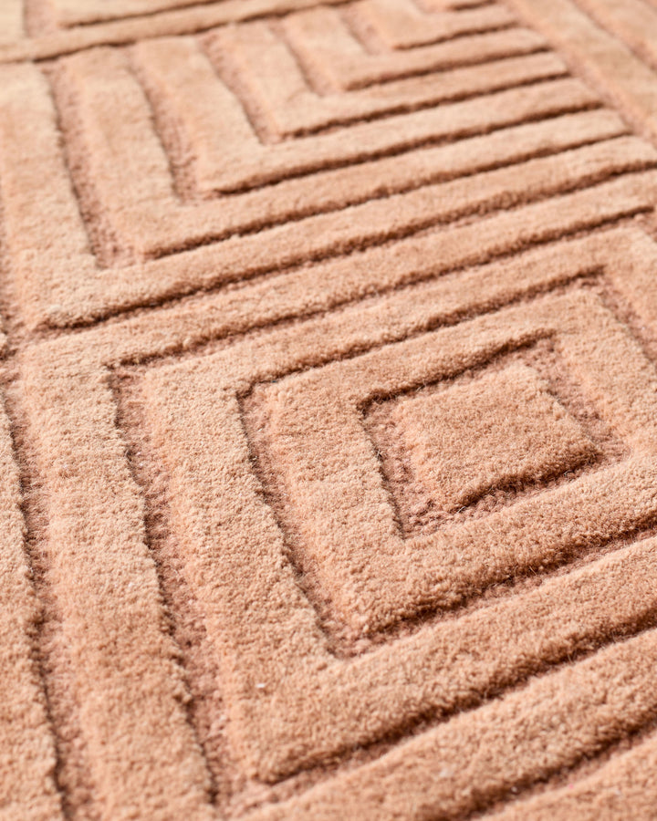 Close-up of a plush, patterned carpet with a geometric design in a warm, neutral colour. Perfect for adding texture to any room.
