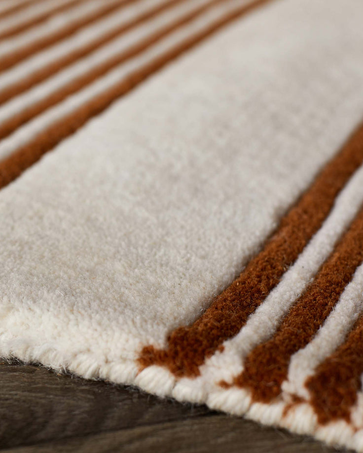 Close-up of rust and cream striped wool rug with sculpted texture and fringe edge detail.