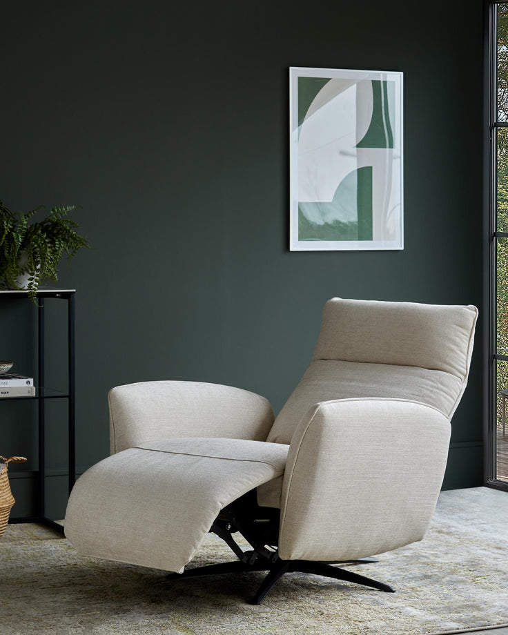 A stylish recliner chair with an extended footrest and modern design, perfect for relaxation.