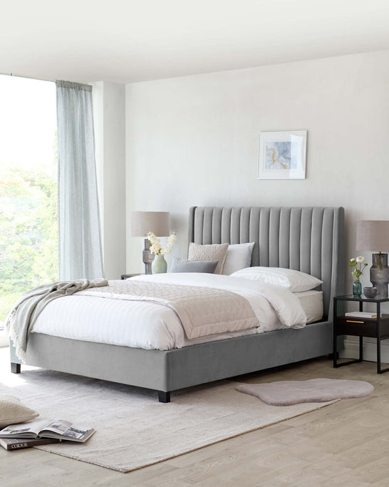 A contemporary styled bedroom featuring a king-sized bed with a tall, vertically tufted headboard in a soft grey upholstery. The bed is dressed with crisp white linens, a quilt, and assorted neutral toned pillows. Beside the bed is a small, dark wood nightstand. The room has a light beige area rug beneath the bed, adding warmth to the hardwood flooring.