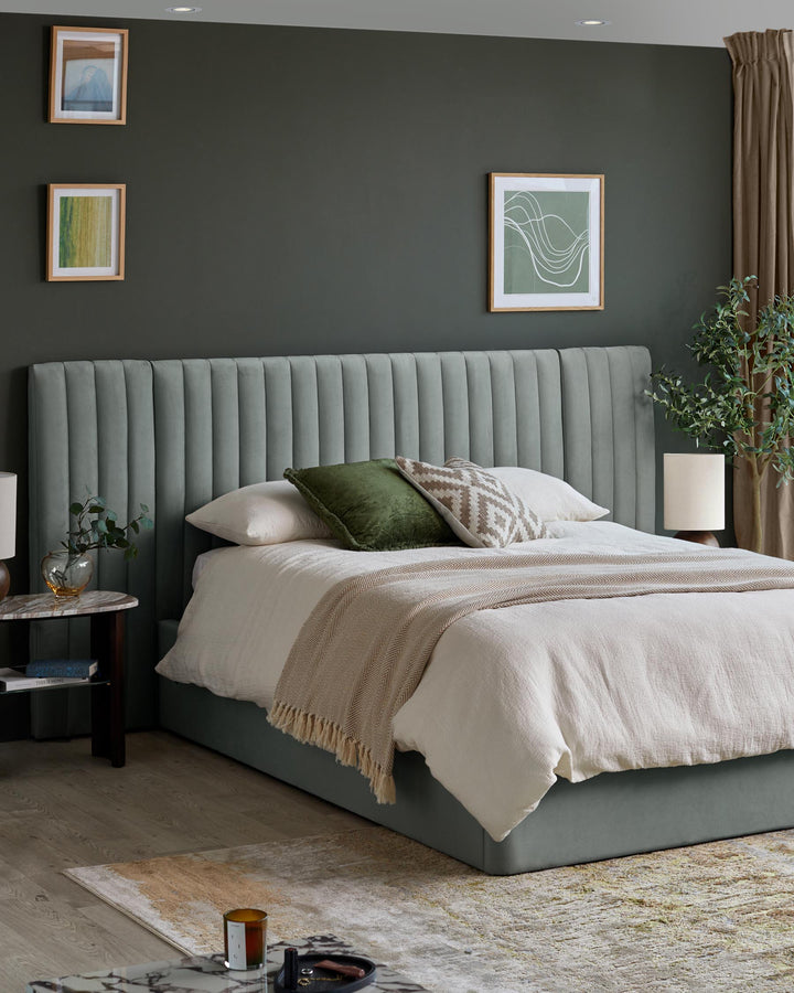 Bedroom featuring a stylish bed with a tall, ribbed headboard, complemented by elegant side tables and calming decor.