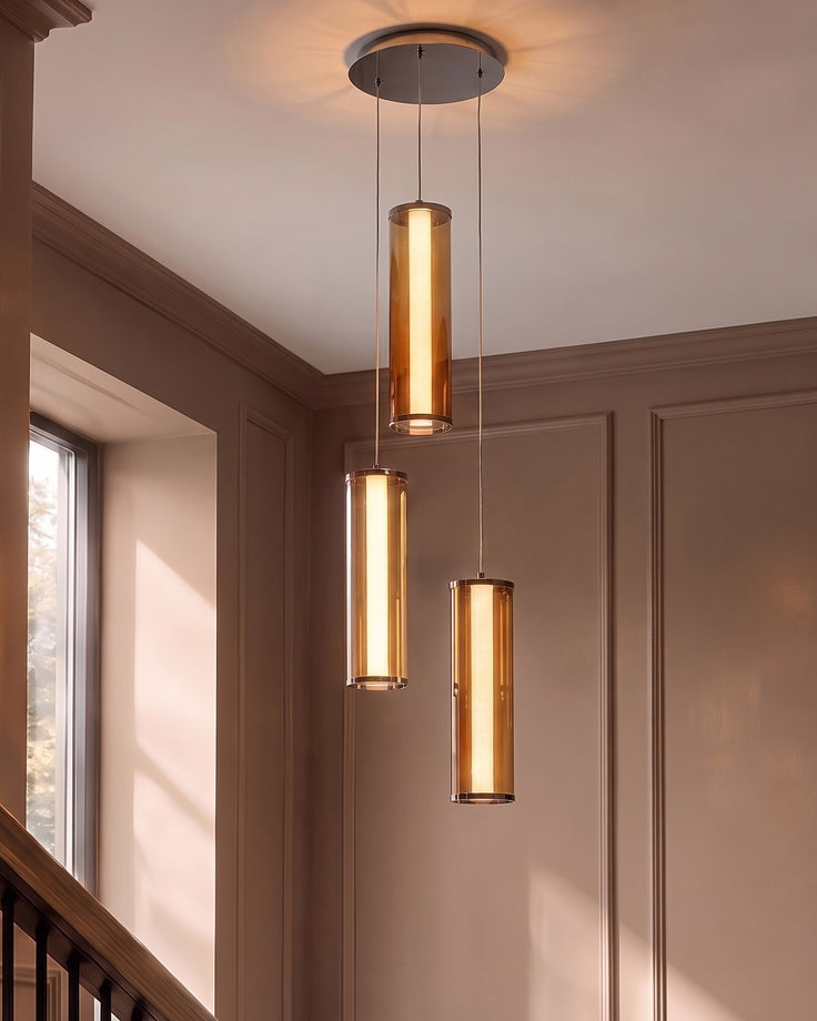 Amber mocha, caramel and champagne glass 3 cluster drop pendant light