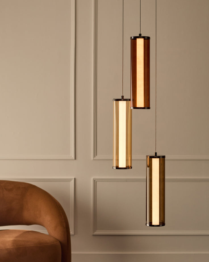 Amber mocha, caramel and champagne glass 3 cluster drop pendant light