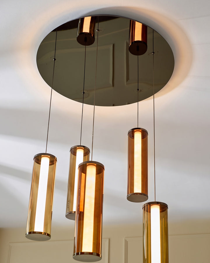 Amber mocha, caramel and champagne glass 5 cluster drop pendant light