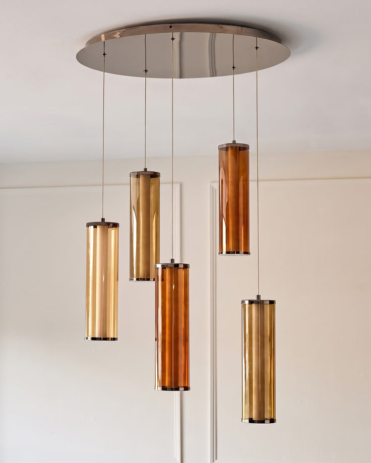 Amber mocha, caramel and champagne glass 5 cluster drop pendant light