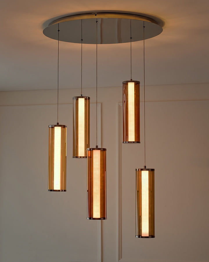 Amber mocha, caramel and champagne glass 5 cluster drop pendant light