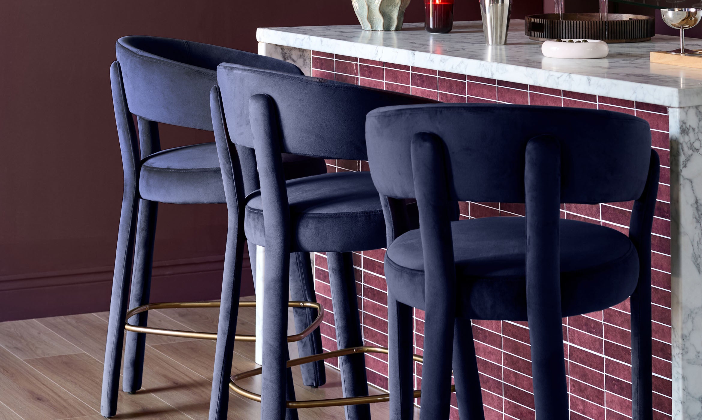 Anya dark navy velvet brushed bronze bar stool
