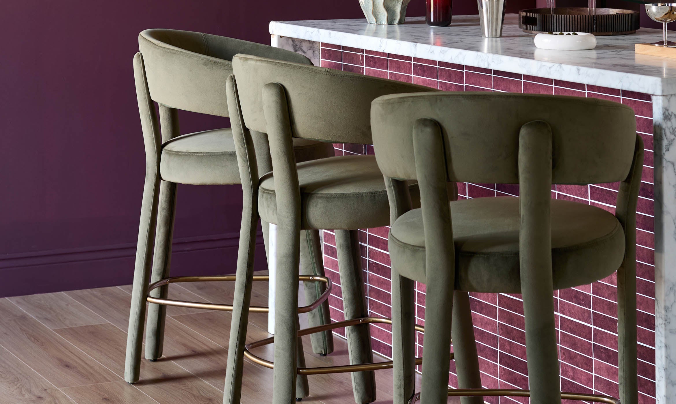 Anya olive green velvet brushed bronze bar stool