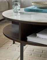 Aurora Marbled Ceramic and Dark Oak Round Coffee Table