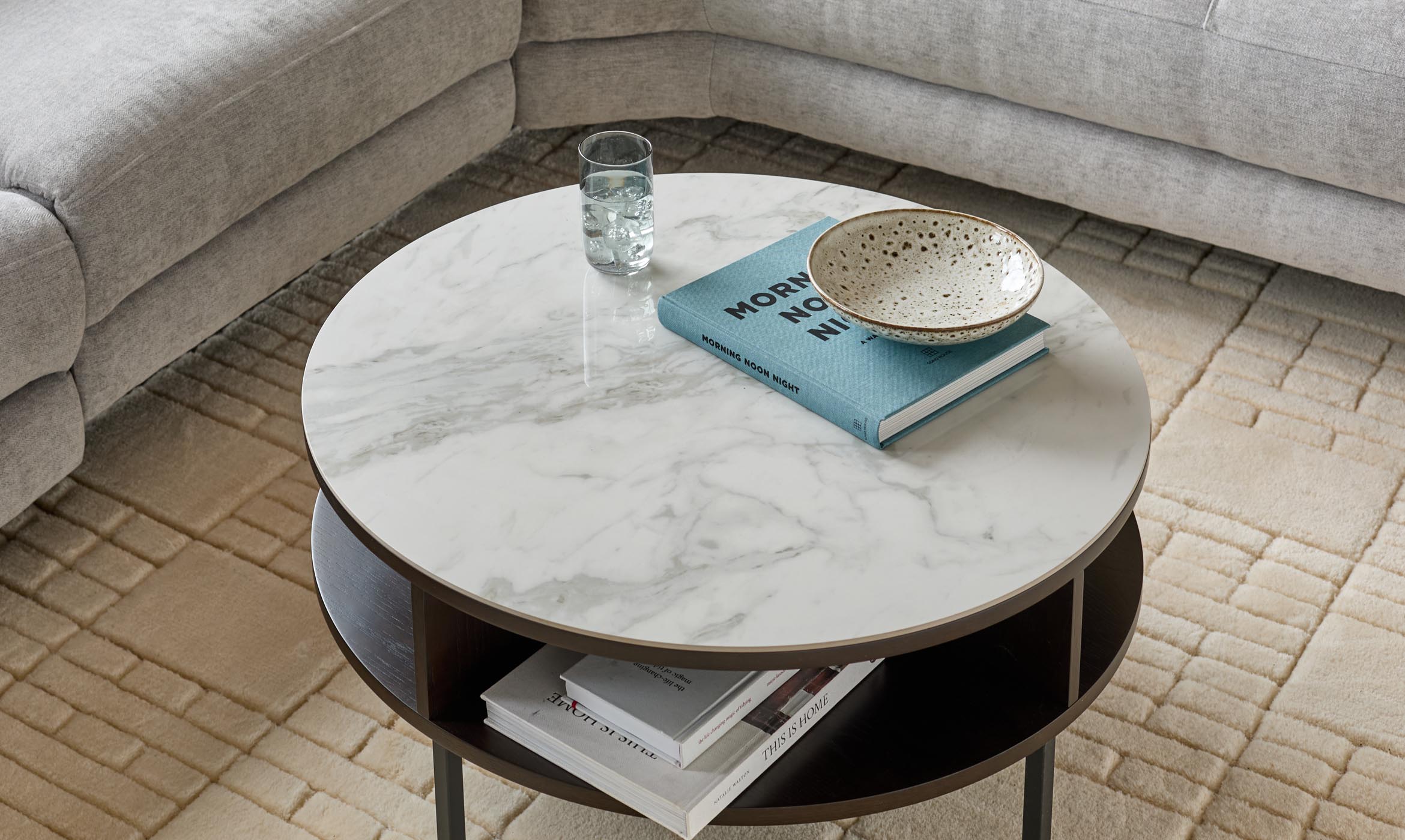 Aurora Marbled Ceramic and Dark Oak Round Coffee Table