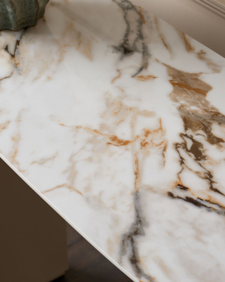 Austin Console Table, ceramic natural marble finish with Grey and bronze veining, angled top view detail.