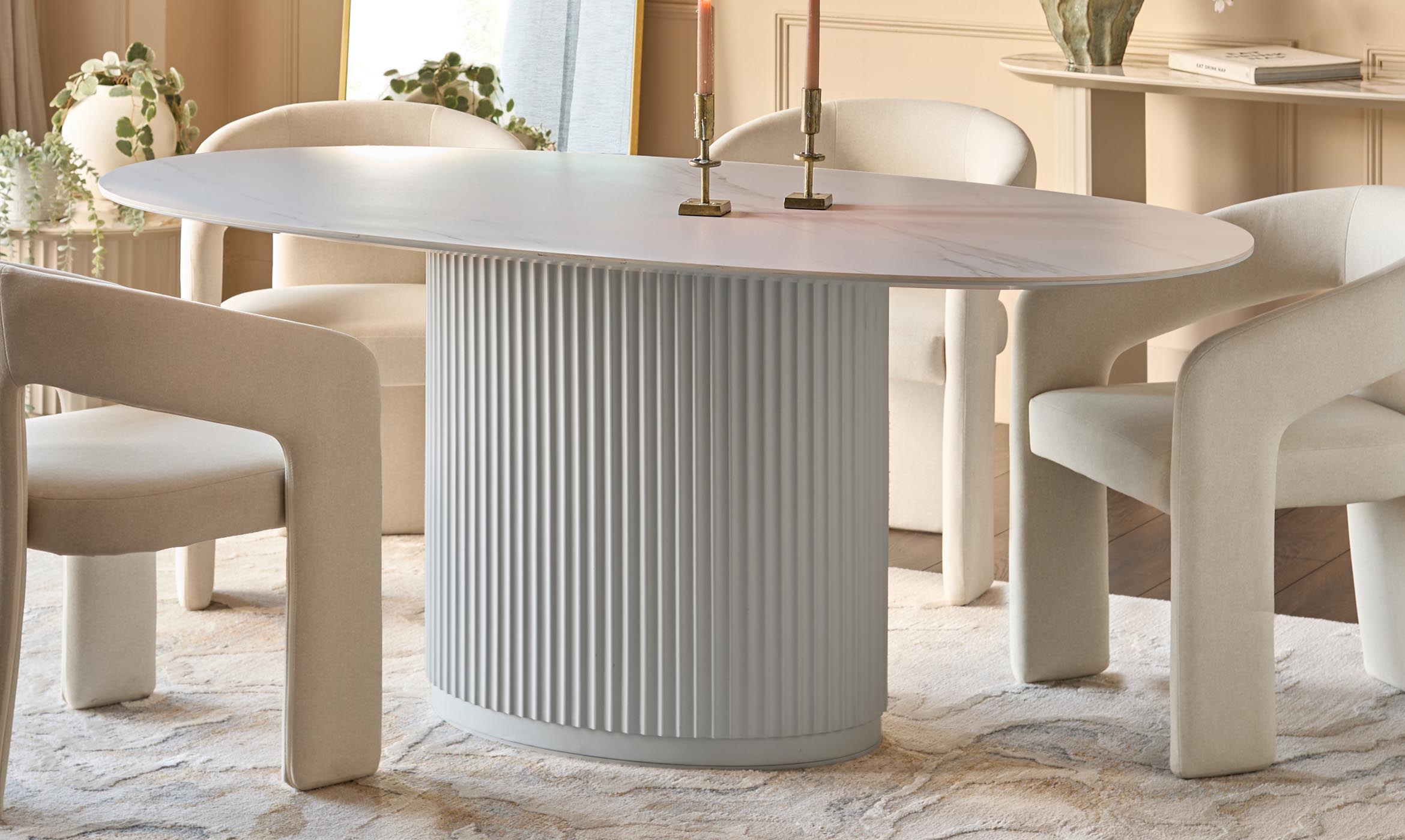 Austin White Marbled Ceramic Fluted 6 Seater Dining Table