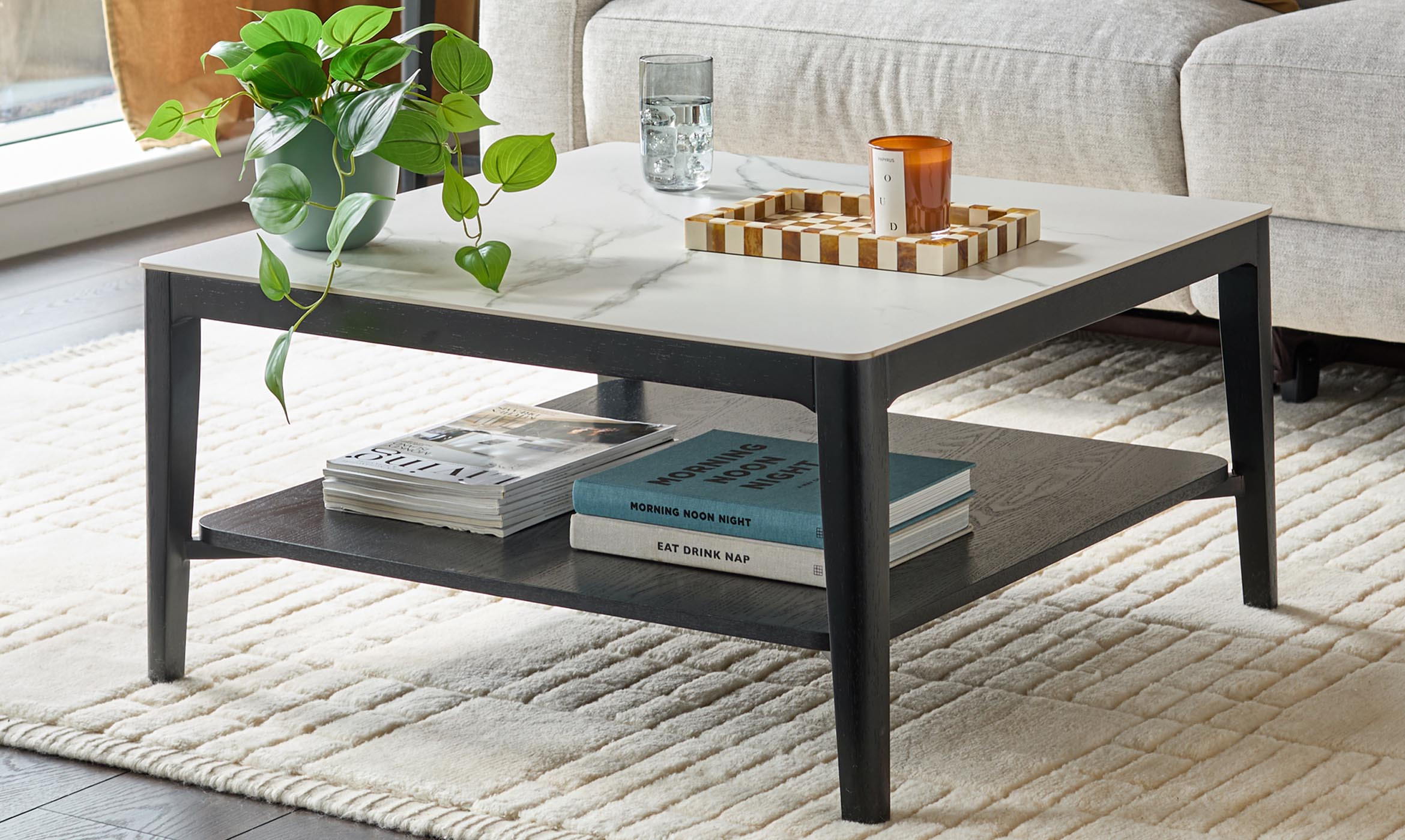 Banks White Marbled Ceramic With Black Wood Coffee Table