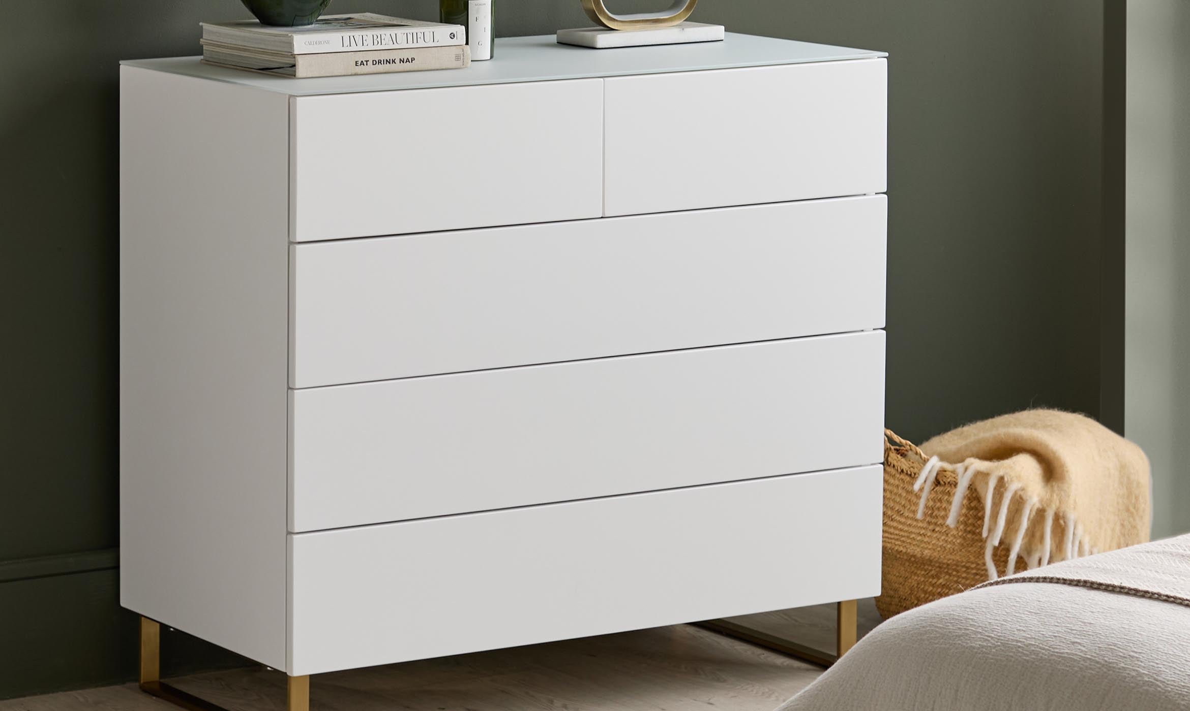 Benton White Chest Of Drawers With Brass Legs