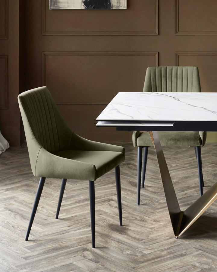 Blakely olive green velvet dining chair with vertical stitching, shown in room setting at marble table.