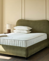 Olive green velvet bed with luxury mattress and pillows. A lamp is on the bedside table.