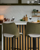 Bronwyn natural fabric and olive green velvet gas lift bar stool