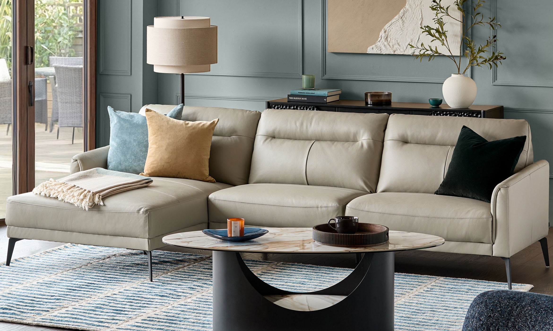 Brooks Light Grey Leather Left Hand Corner Chaise Sofa