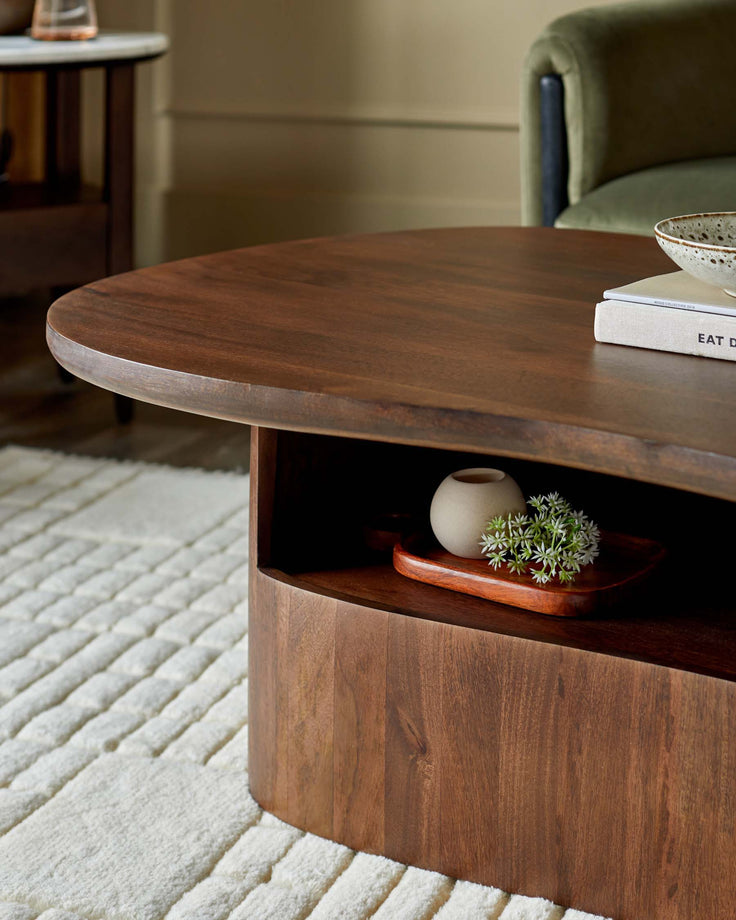 Dark mango wood round coffee table with open shelf storage, styled with decorative bowl and potted plant.