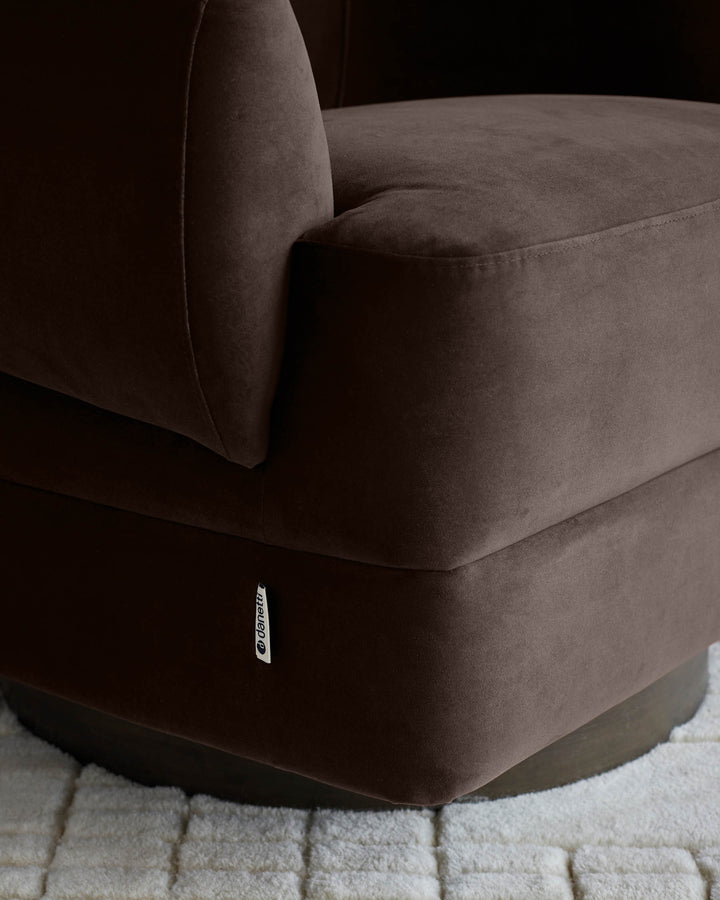 Close-up of a stylish, brown armchair with a plush velvet finish, complemented by a textured rug, showcasing comfort and elegance.